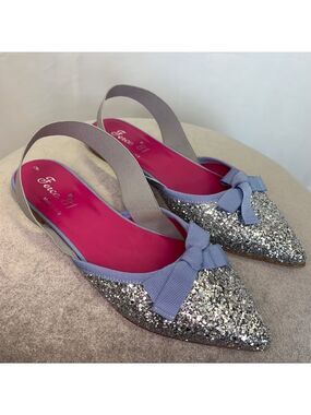 FERCA 81 Silver glitter blue bow Slingback flats Sz 39